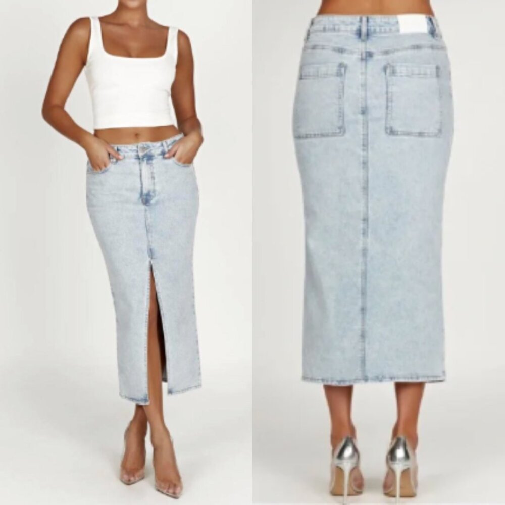 Meshki Light Wash Denim Midi Skirt
